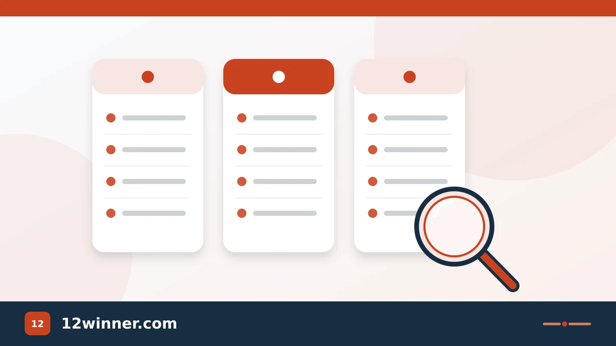 Three comparison columns and a magnifying glass